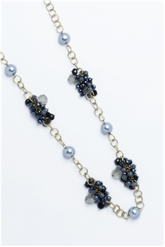 SILVER PEARL GLASS BEADS GOLD LINK LONG NECKLACE